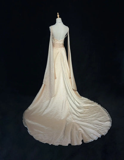 Vintage Abschlussballkleider A-Linie Spaghettiträger Champagner mit langen Ärmeln 90er Abendkleid N3001