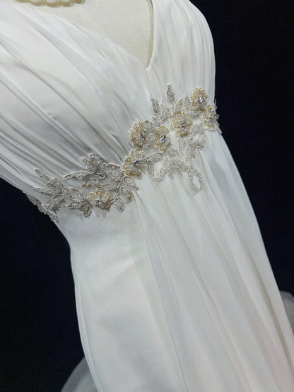 Einzigartige Brautkleider A-Linie V-Ausschnitt Weiß Chiffon Strand Sommer Boho Langes Brautkleid N3298