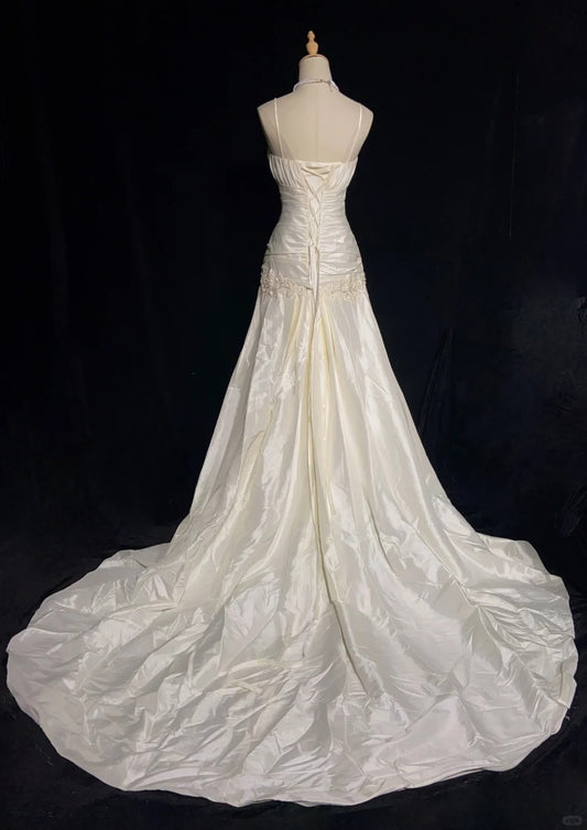 Unique Wedding Dresses Mermaid Spaghetti Strap Ivory With Ruffled Lace Long Bridal Gown N3624