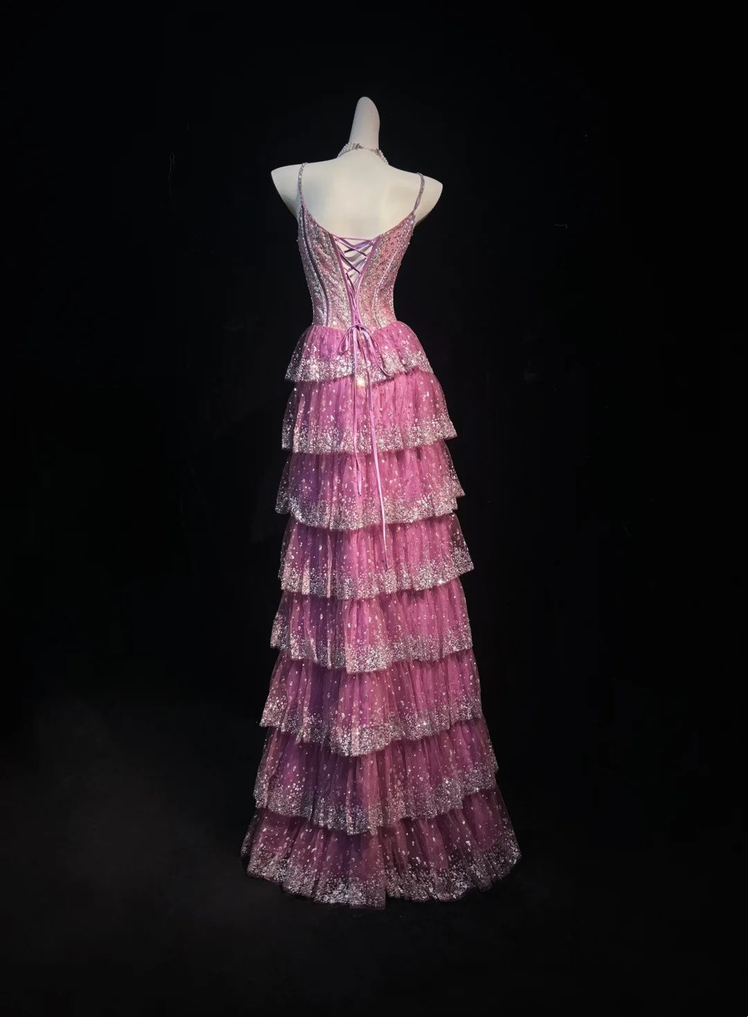 Vintage Prom Dresses A line Spaghetti Strap Pink Lace 80s With Tiered Layers Long Formal Evening Outfits N4207