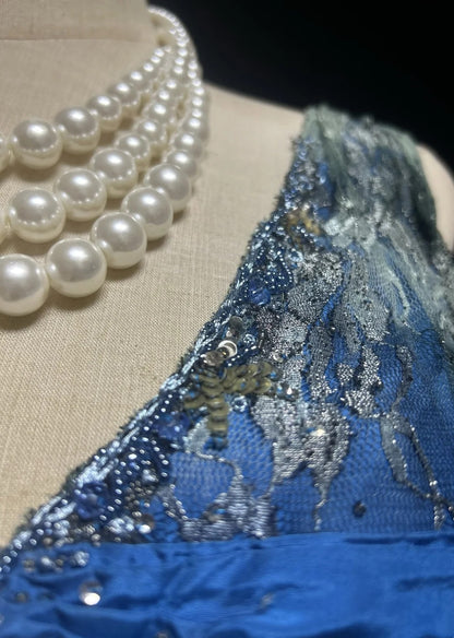 Robes de bal vintage en satin bleu en dentelle, coupe trapèze, col en V, années 1990, longue robe de soirée N2644