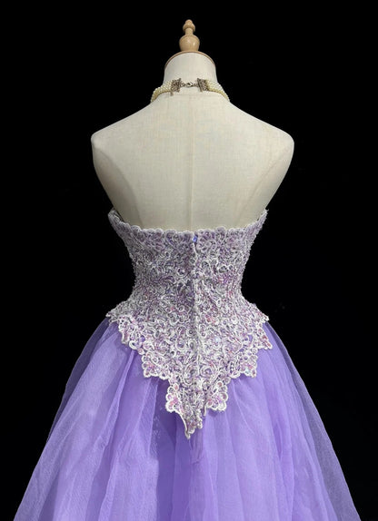 Robe de bal vintage bustier en tulle lilas, dentelle style Y2K années 2000, longueur genou, robes de rentrée des classes N3124