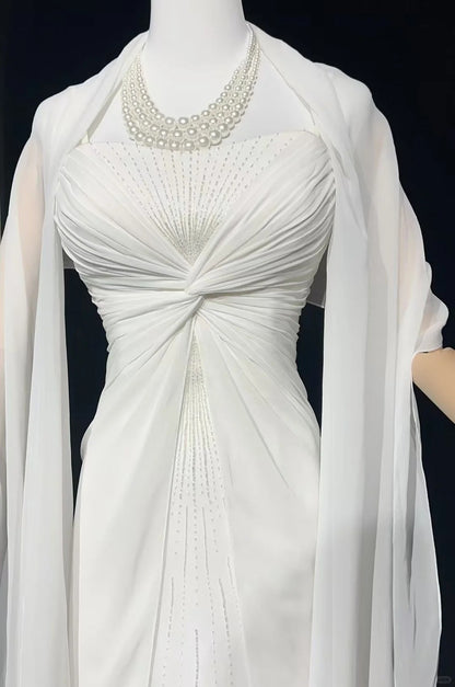 Schlichte Brautkleider A-Linie Spaghettiträger Chiffon Weiß Plissiert Sommer Strand Langes Hochzeitskleid N3831