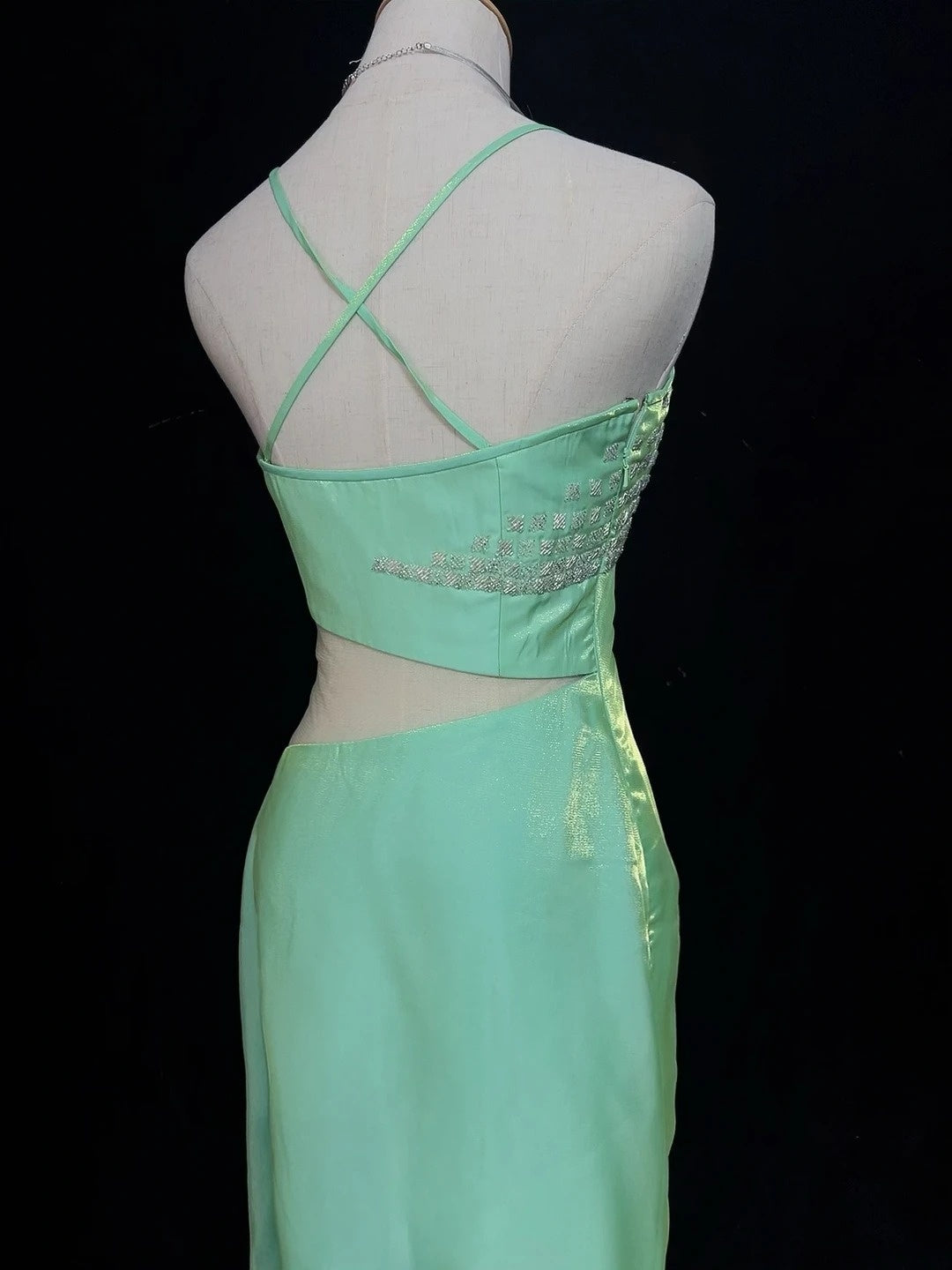 Gothic Glam Abschlussballkleider Meerjungfrau Spaghettiträger Minzgrün Ärmellos Mit Perlen Halbformelles Abendkleid N3801