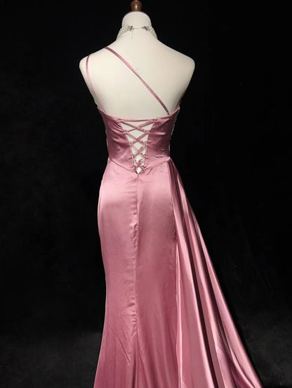 Vintage Promkleider Inspo Meerjungfrau Ein-Schulter-Satin mit Perlen Schlitz 80er Jahre Langes Ballkleid N2735