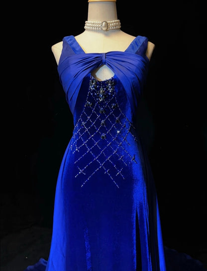 Robes de bal vintage Sirène Bleu Royal Velours Sans Manches Avec Perles Années 90 Longue Robe de soirée N2902