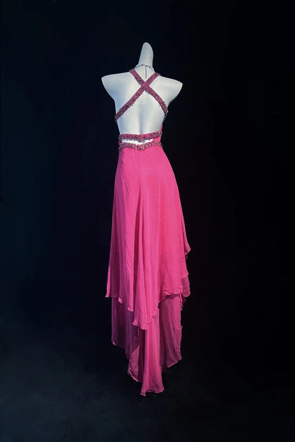 Retro High Low Halter Pink Tea Length Chiffon With Beads Prom Dresses Formal Party Outfits RB3951