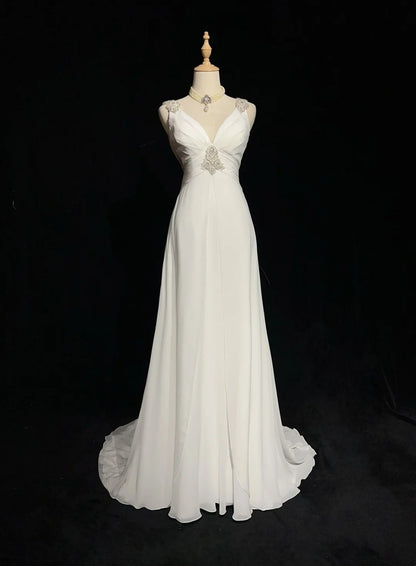 Bescheidene Brautkleider A-Linie V-Ausschnitt Chiffon Strand Sommer mit Perlen Lange Brautkleid N2999