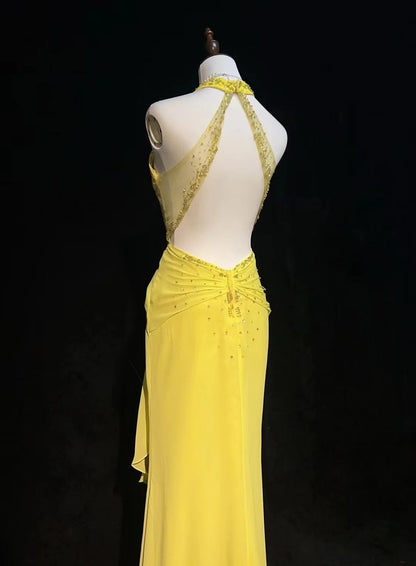 Vintage Prom Dresses A Linie Neckholder V-Ausschnitt Gelb Chiffon Rückenfrei 1990er Lange Formelle Abendkleid N2640