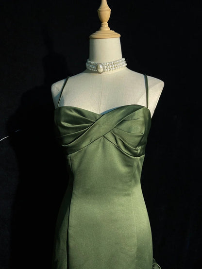 Robes de bal vintage élégantes, sirène, bretelles spaghetti, satin vert olive avec volants, longue robe de soirée N3297