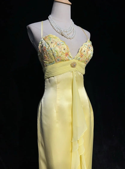 Superbes robes de bal sirène à bretelles spaghetti, jaune, sans manches, en mousseline, longue robe de soirée N2870