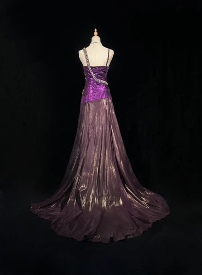 Vintage Abschlussballkleider 1960er Jahre Meerjungfrau Spaghettiträger Lila mit Perlenbesatz Langes Ballkleid N3117