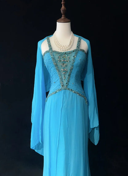 Robes de bal vintage trapèze sans manches en mousseline bleue avec perles et cape Tenues de soirée formelles N3853
