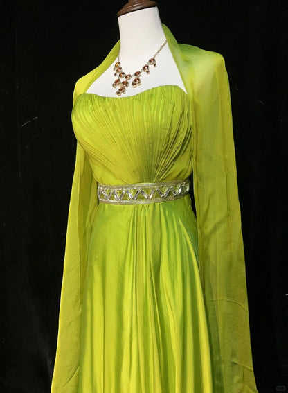 Vintage 90er Abschlussballkleider A-Linie Trägerlos Grün Chiffon Mit Plissiertem Umhang Formelle Abendkleidung N3852