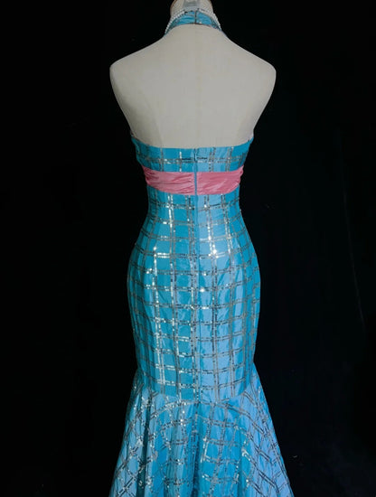 Vintage Abschlussballkleider Meerjungfrau V-Ausschnitt Blau Pailletten Ärmellos 1980er Jahre Langes Abendkleid N2866