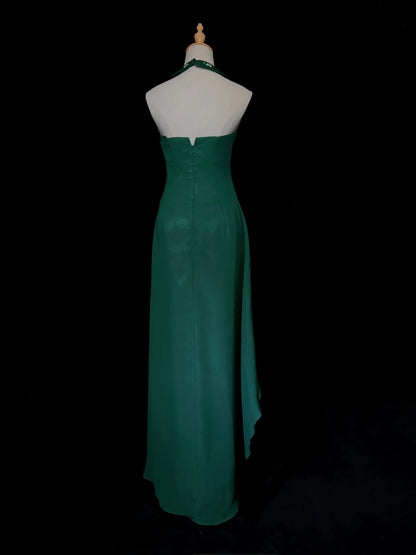 Robes de bal vintage des années 80, trapèze, dos nu, en mousseline verte avec perles, longues tenues de soirée N3450
