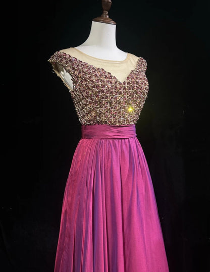 Robes de bal vintage Trapèze Col Bateau Fushia Chiffon Avec Perles Années 80 Longues Tenues de Soirée Formelles N3880