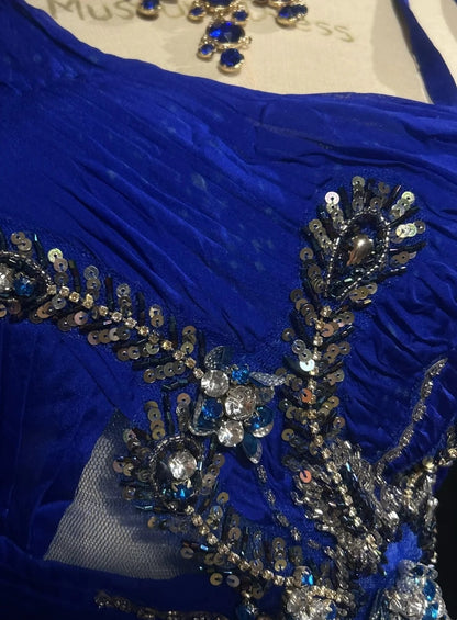Vintage Abschlussballkleider Inspo Meerjungfrau, One Shoulder, Königsblau mit langen Ärmeln, Perlen, 80er Jahre, langes Abendkleid N2740