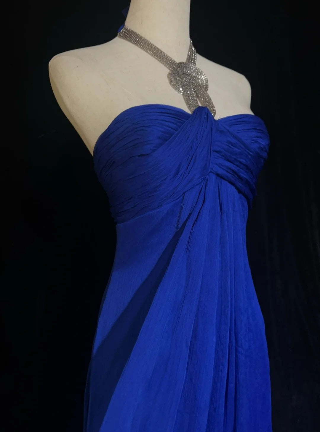 Robes de bal vintage en mousseline de soie bleu roi coupe trapèze à col américain avec perles, longue robe de soirée des années 90 N2903