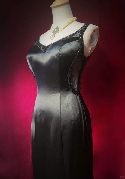 Vintage Prom Dresses Meerjungfrau V-Ausschnitt Schwarz Satin Mit Perlen Bestickt Rückfrei Langes Ballkleid N2508