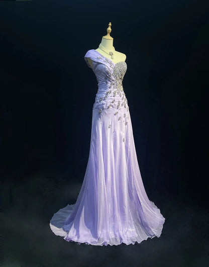 Elegantes A-Linien-Kleid aus lila Chiffon mit einem Ärmel und silberfarbenem Perlen-Oberteil, langes Ballkleid N2725