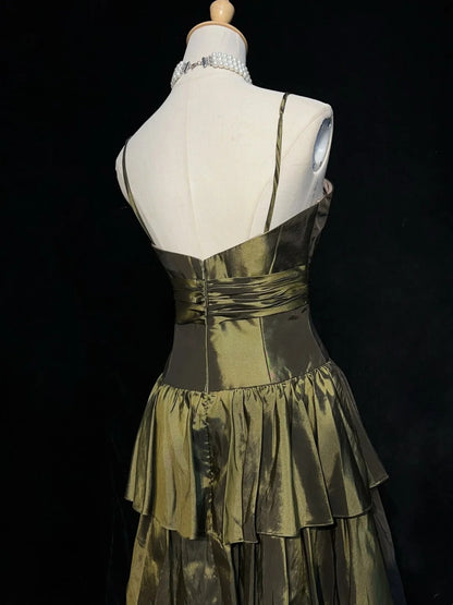 Vintage A-Linien Spaghettiträger Olivenbraunes Knielanges Partykleid Cocktailkleid Homecoming Kleider N3901
