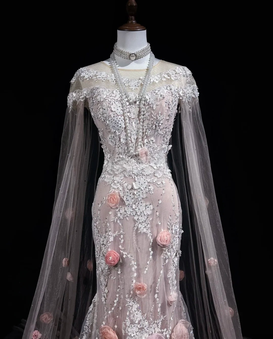 Vintage Abschlussballkleider Inspo Meerjungfrau Rundhals Rosa Spitze 1990er Mit Blumen Cape Abendkleider N3317