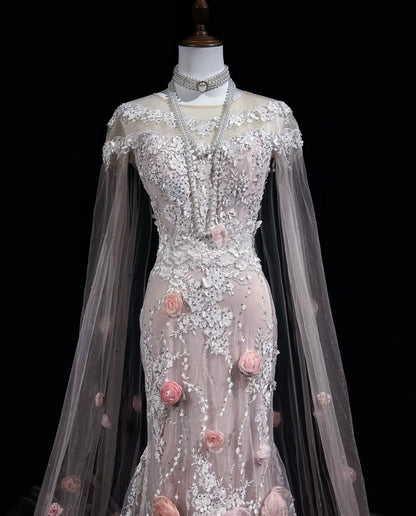 Vintage Abschlussballkleider Inspo Meerjungfrau Rundhals Rosa Spitze 1990er Mit Blumen Cape Abendkleider N3317