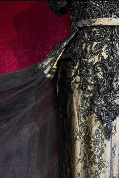 Retro Abendkleid Abschlussball Vintage Kleider Meerjungfrau Spaghettiträger Schwarz Spitze mit Schleppe Lange 90er Formelle Outfits N2325