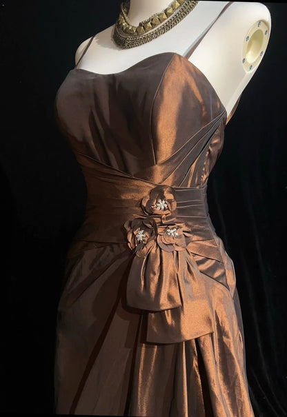 Robes de bal vintage sirène à fines bretelles marron satin années 80 longues tenues de soirée formelles N3876