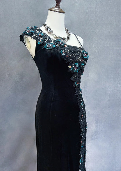 Robes de bal vintage Sirène Asymétrique Velours Noir Paillettes avec Fente Longue Robe de Soirée Années 70 N2579