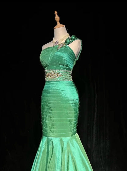 Robes de bal vintage Sirène Asymétrique Vert Plissé Années 90 Robe de soirée longue N2647