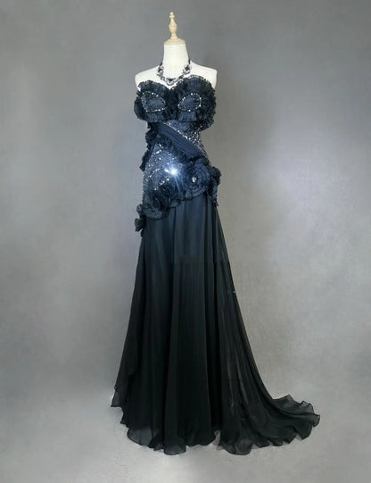 Vintage Prom Dresses Meerjungfrau Sweetheart Black Tie Kleid Chiffon mit Perlen 1980er Jahre Lange Abendkleid N2621