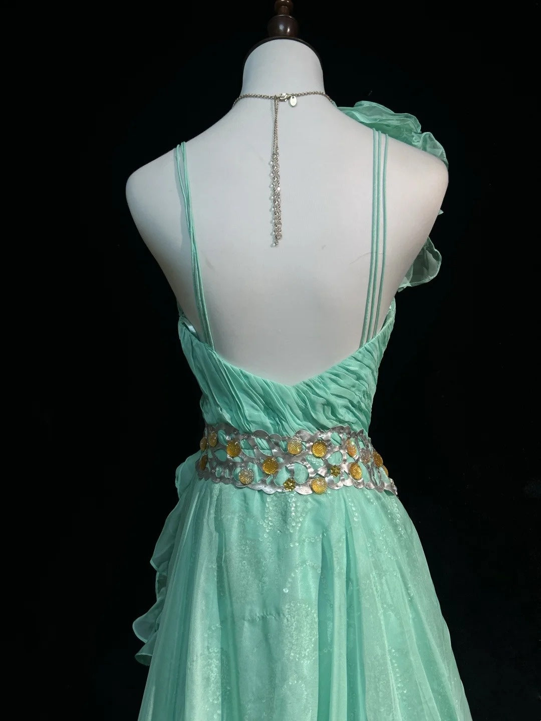 Robes de bal vintage coupe trapèze asymétriques vert menthe années 70 avec volants en mousseline longue robe de soirée formelle N2525