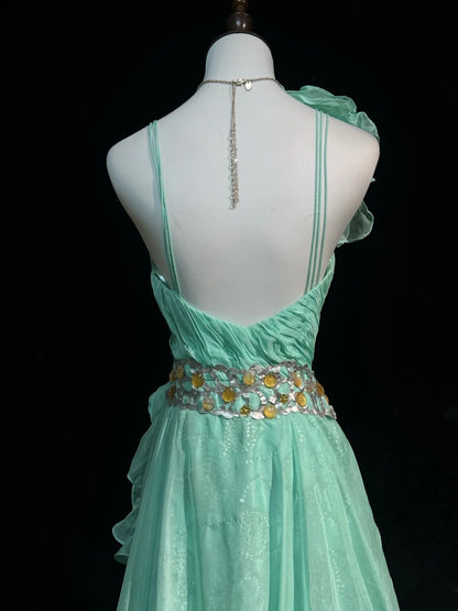 Robes de bal vintage coupe trapèze asymétriques vert menthe années 70 avec volants en mousseline longue robe de soirée formelle N2525