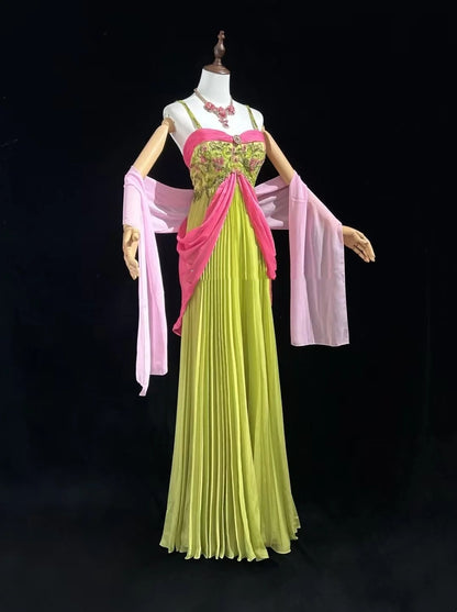 Robes de bal vintage Trapèze Bretelles fines Mousseline rose et verte avec perles Robe de soirée longue années 60 N2610