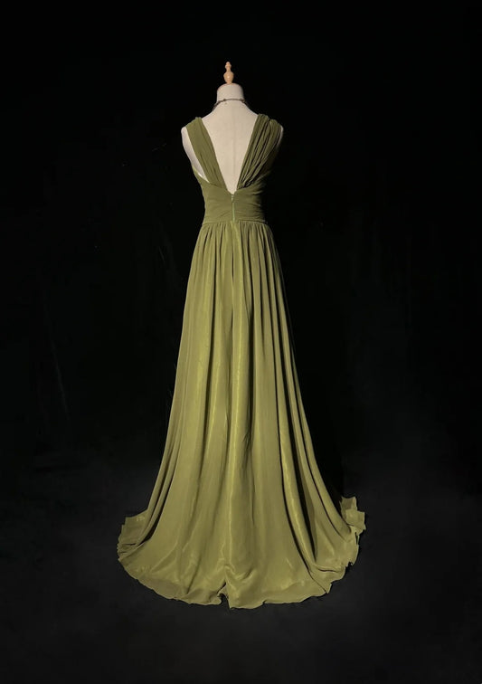 Vintage Prom Dresses A line V Neck Olive Green With Ruffle Chiffon Floor Length 80s Formal Gown N2586