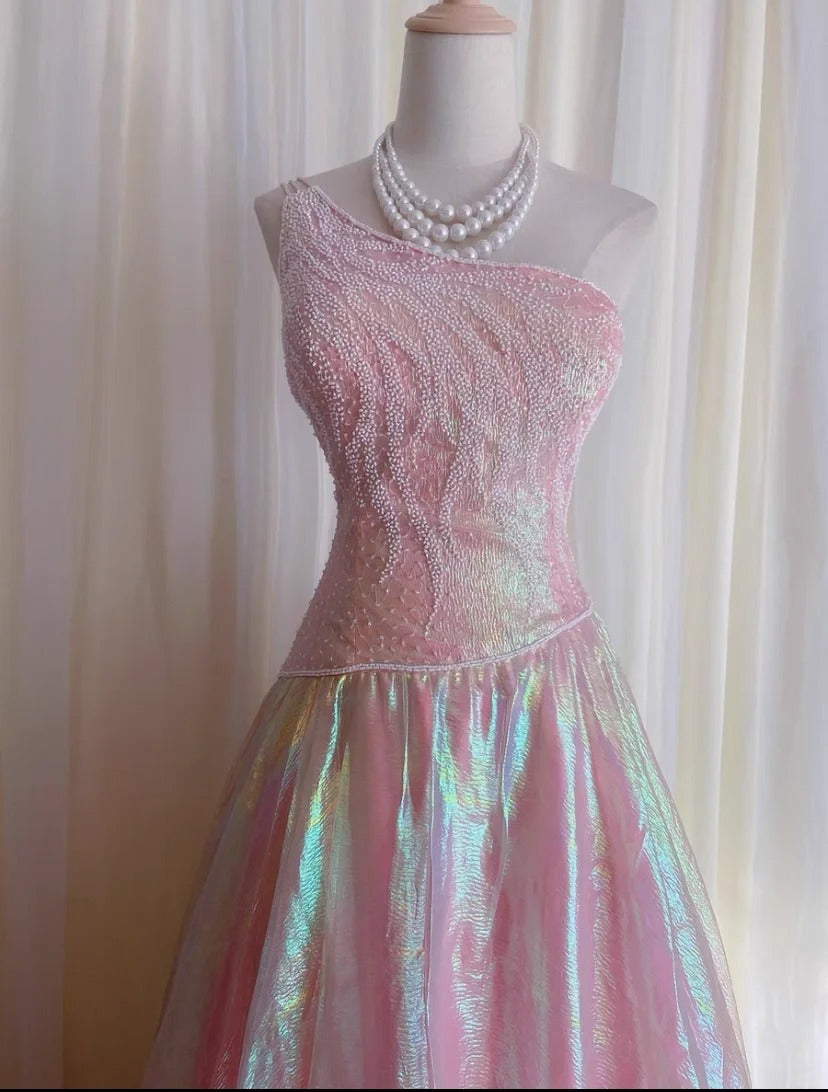 Robes de bal de promo vintage, inspiration robe de bal asymétrique rose années 90 avec perles, robes de soirée N3323