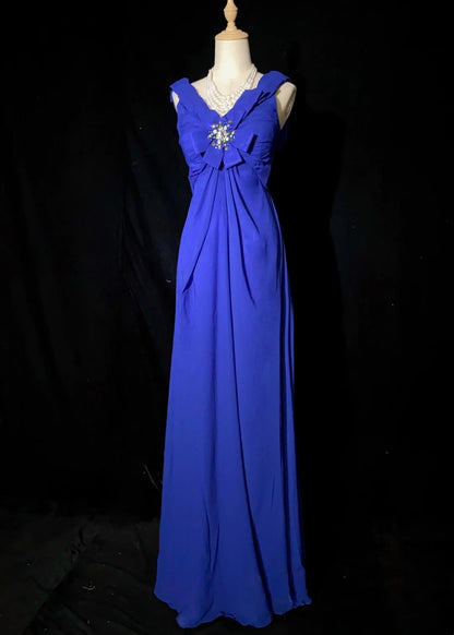 Vintage Abschlussballkleider Inspo A-Linie V-Ausschnitt Königsblau Chiffon Lang 1990er Mit Perlen Abendkleider N3352
