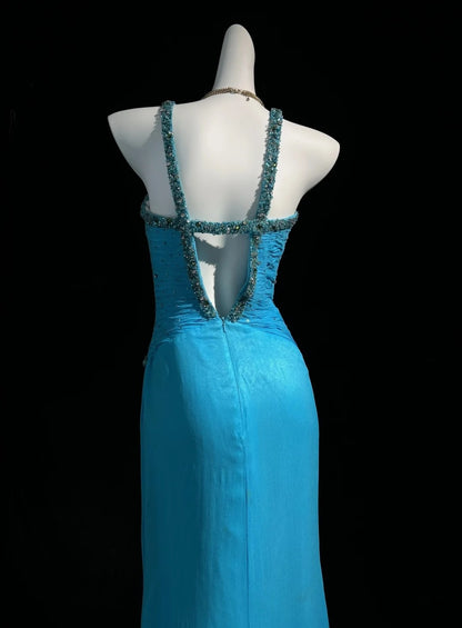 Vintage Prom Dresses Mermaid Halter Blue Chiffon 80s With Beading Long Formal Evening Outfits N4201