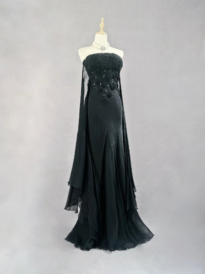 Robes de bal élégantes Robe sirène sans bretelles en mousseline de soie à cravate noire avec cape Longues tenues de soirée formelles N3703