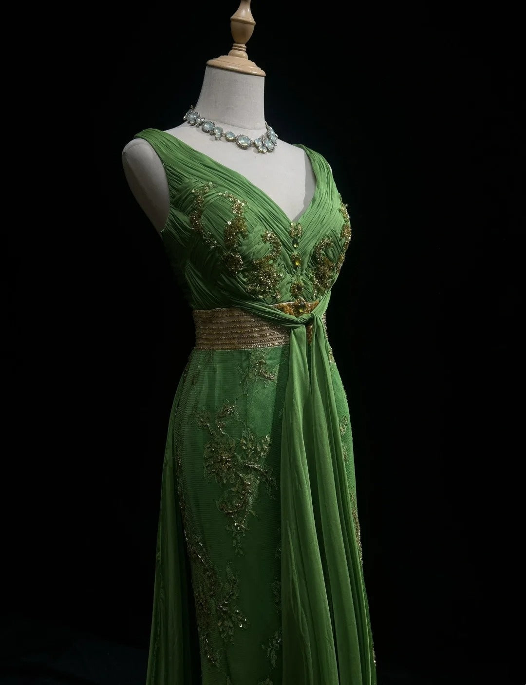 Vintage Prom Dresses Mermaid V Neck Chiffon Green With Beaded Appliqued 80s Long Formal Gown N2732