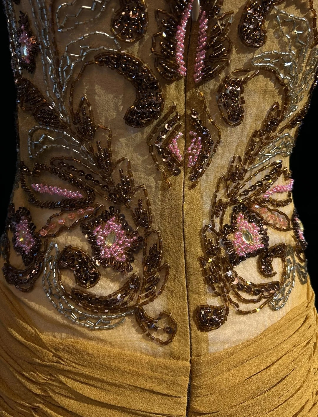 Vintage Abschlussballkleider Meerjungfrau Spaghettiträger Gold mit Rüschenperlen Chiffon 90er Jahre Abendkleid N2588