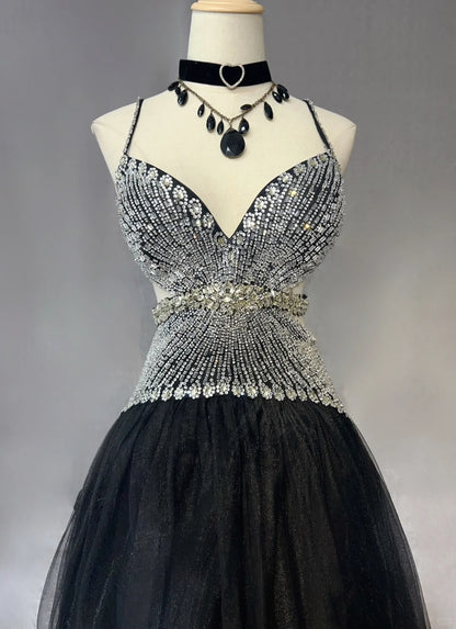 Vintage Prom Dresses Inspo Ball Gown Halter Drop Waist 90s Tulle Black Tie Dress With Beading For Women Formal Gowns N3306