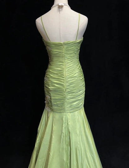 Robes de bal vintage sirène à fines bretelles vert sauge avec appliques robe longue de soirée des années 80 N2728