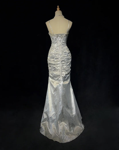 Charming Prom Dresses Mermaid Spaghetti Strap Silver Gray With Beaded Long Formal Evening Outfits N3687