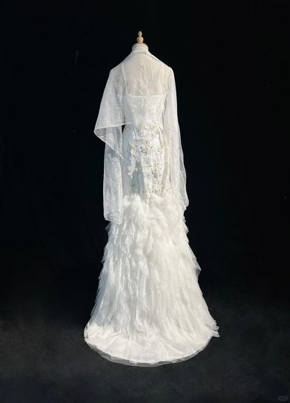 Timeless Mermaid Spaghetti Straps White Tulle Lace With Wedding Ruffled Bridal Gown Long Wedding Dresses RB4325