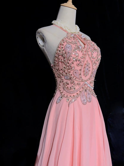 Bescheidene Abschlussballkleider A-Linie Neckholder Rosa Chiffon mit Perlenbesatz Lange Abendgarderobe N3464