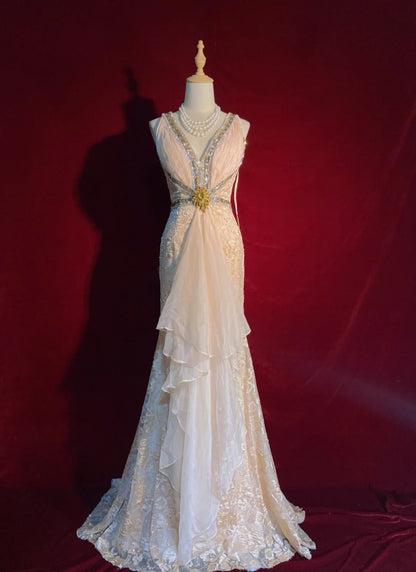 Vintage Prom Dresses 90er Meerjungfrau V-Ausschnitt Champagner Spitze Lange Semi-Formelle Abendkleider N3652
