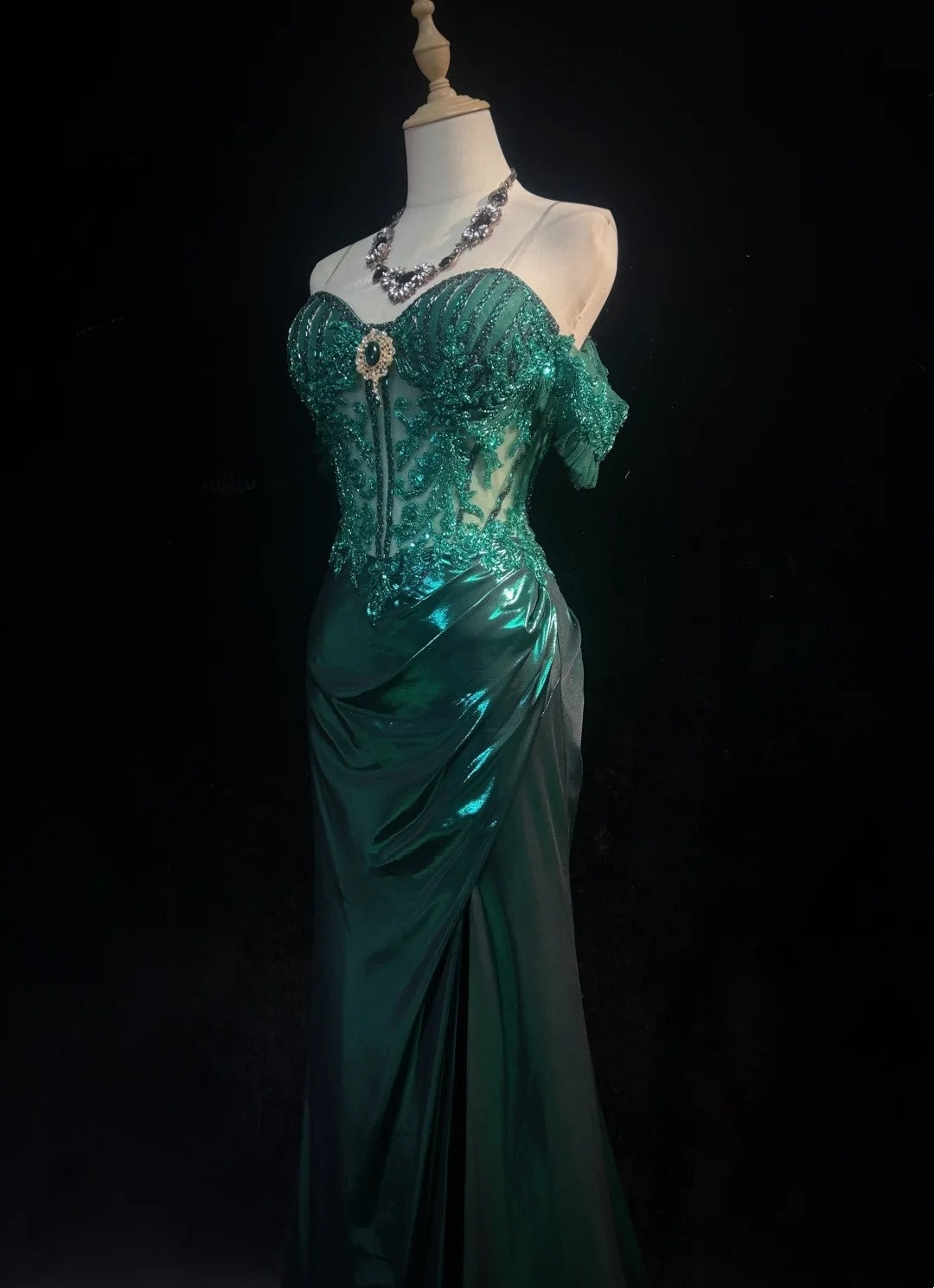 Robes de bal modestes d'inspiration sirène, épaules dénudées, vert émeraude foncé, fente, dentelle, robes de soirée longues années 80 N3389